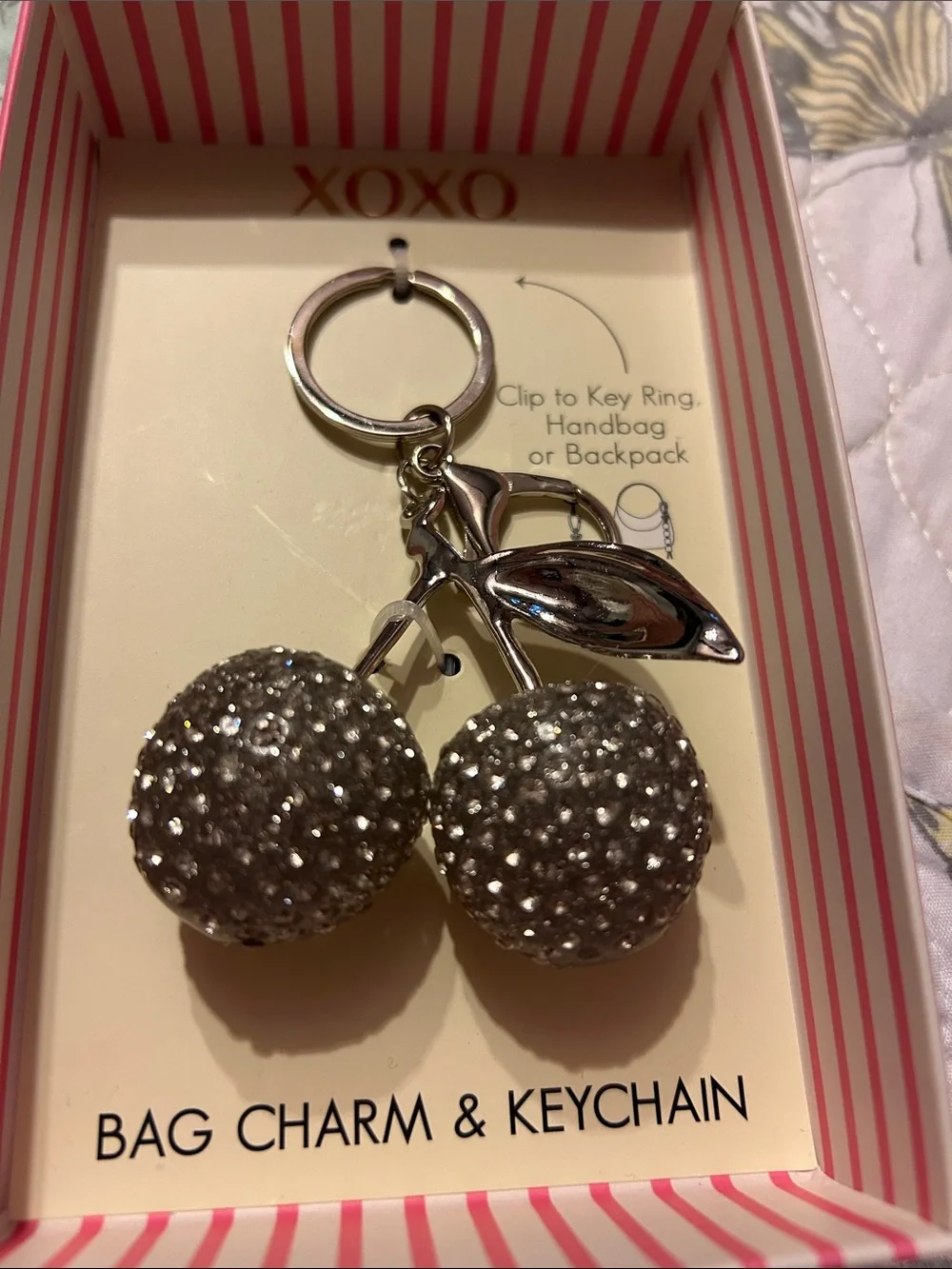 XOXO Silver Crystal Cherry Bag Charm Keychain